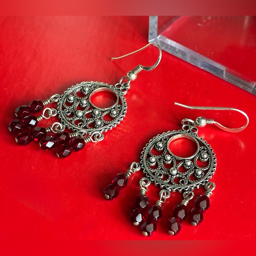 925 Sterling Silver Earrings,Filigree Dangle Earrings with Garnet Red Bead Drops - Picture 7 of 7
